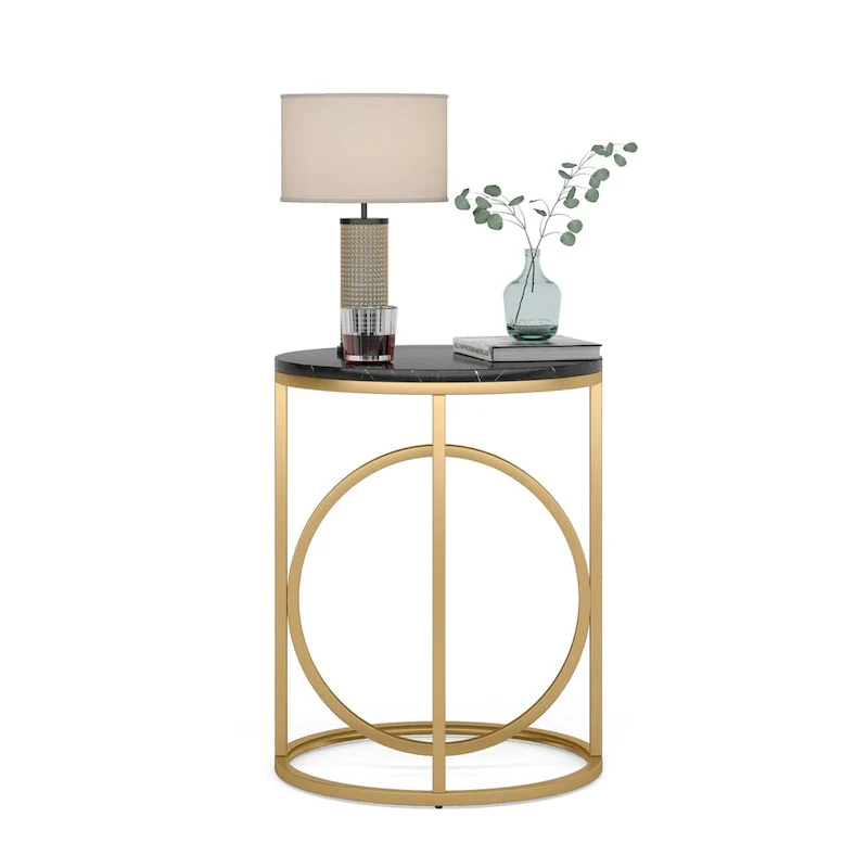 20 in. Marble White Round Wood End Table with Gold O-shaped Base