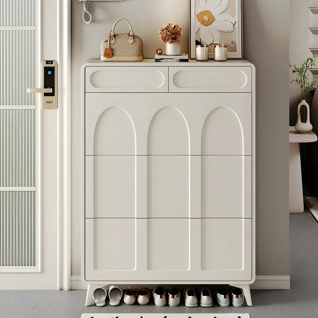 Vertical Slim White Wooden Drop Front Shoe Cabinet