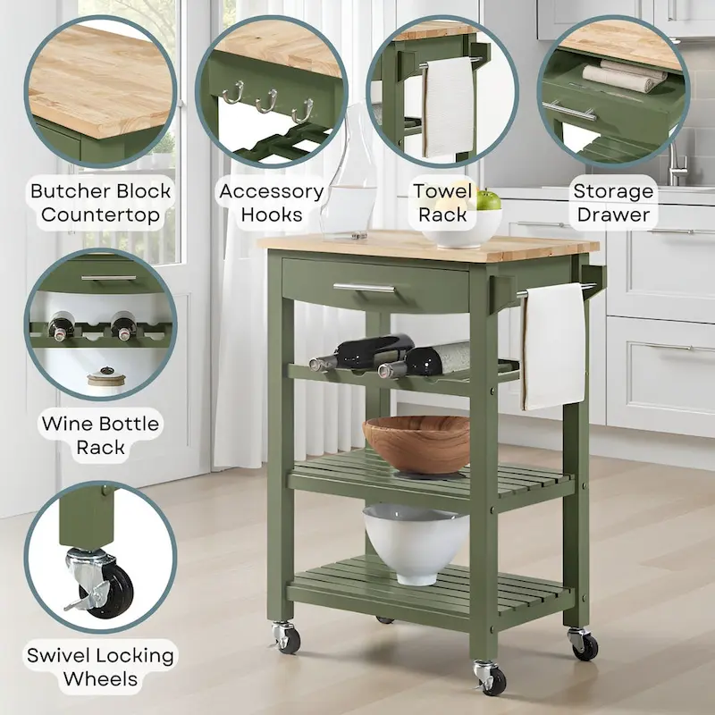 Ellaine 4 Tier Butcher Block Kitchen Cart with Drawer and Wine Rack