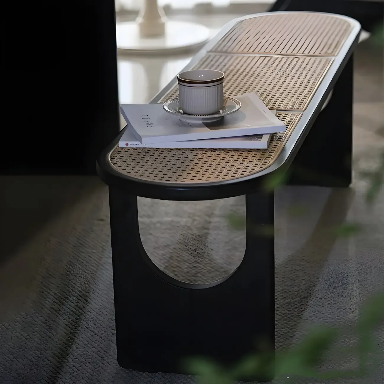 Rectangular Black Rattan Top Rubberwood Bench
