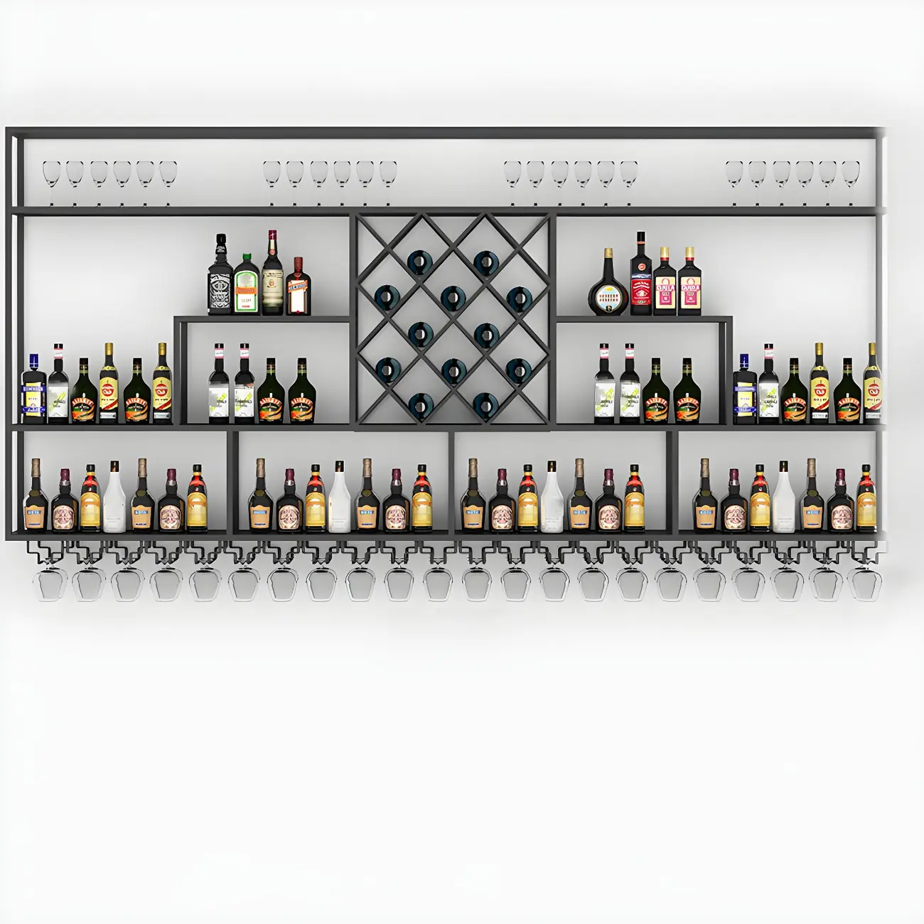 Rectangular Black Metal Wall-Mounted Wine Bottle Rack