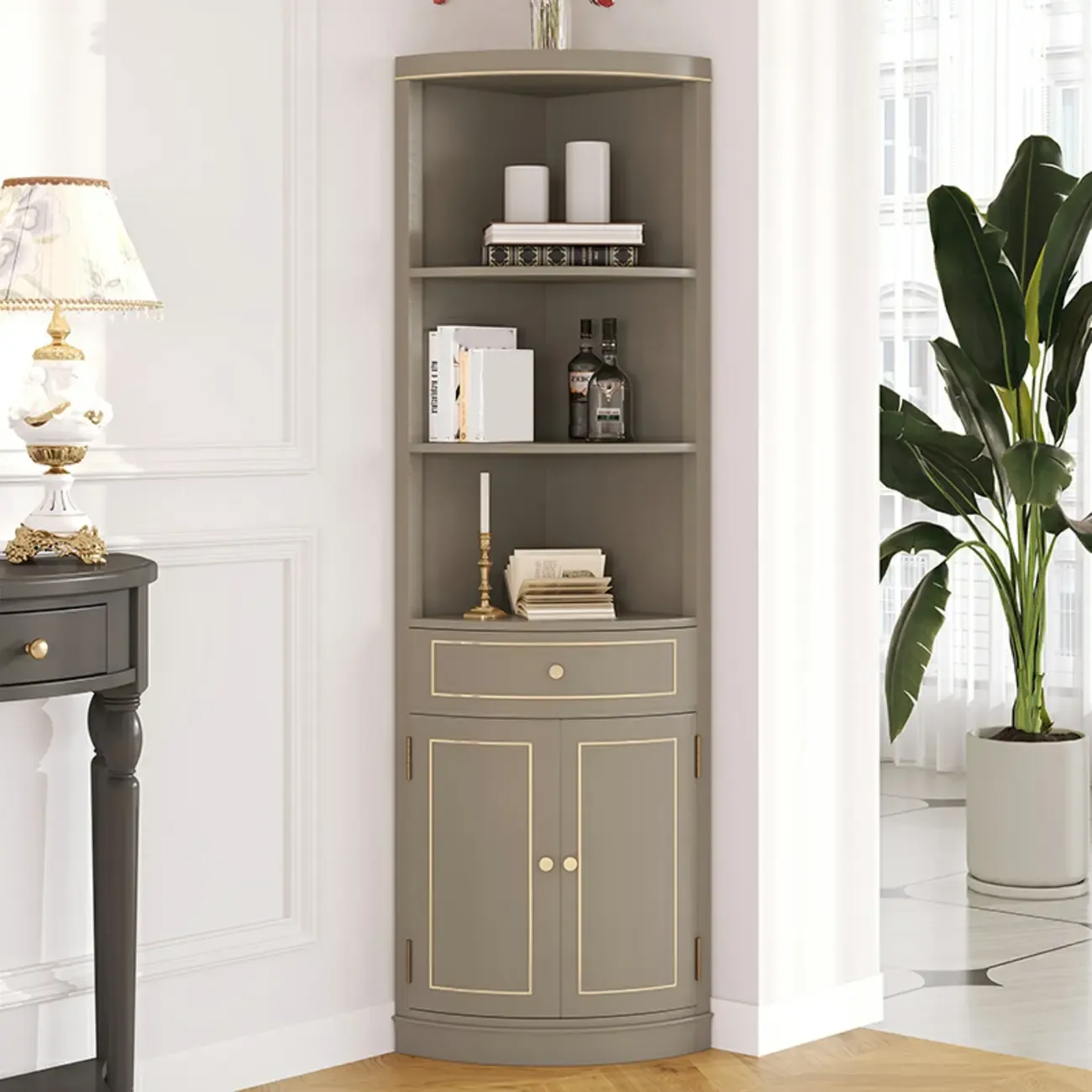Antique Grey Wooden Gold Accent Corner Cabinet