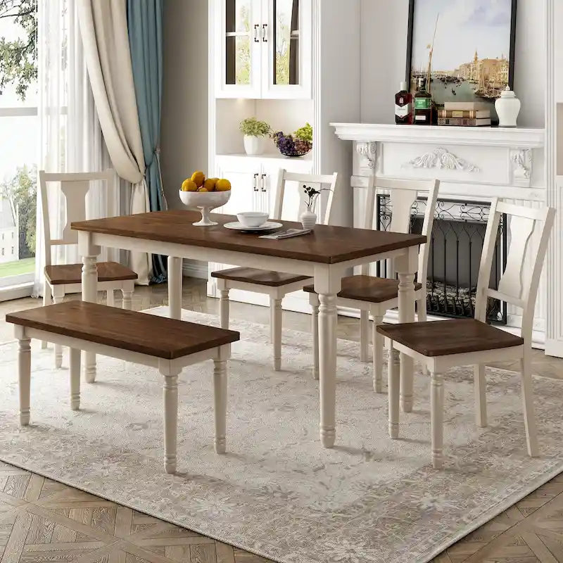 Classic 6-Piece Dining Set Wooden Table and 4 Chairs with Bench