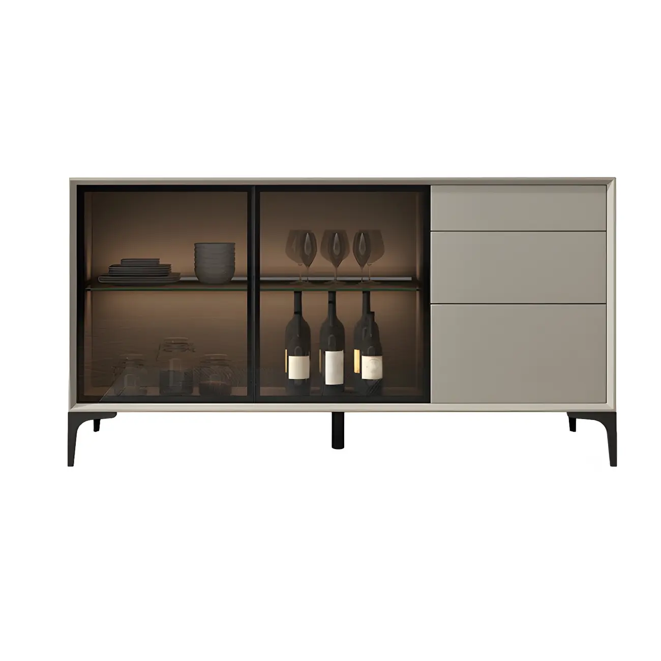 Modern Grey Sideboard with Glass Doors and Drawers