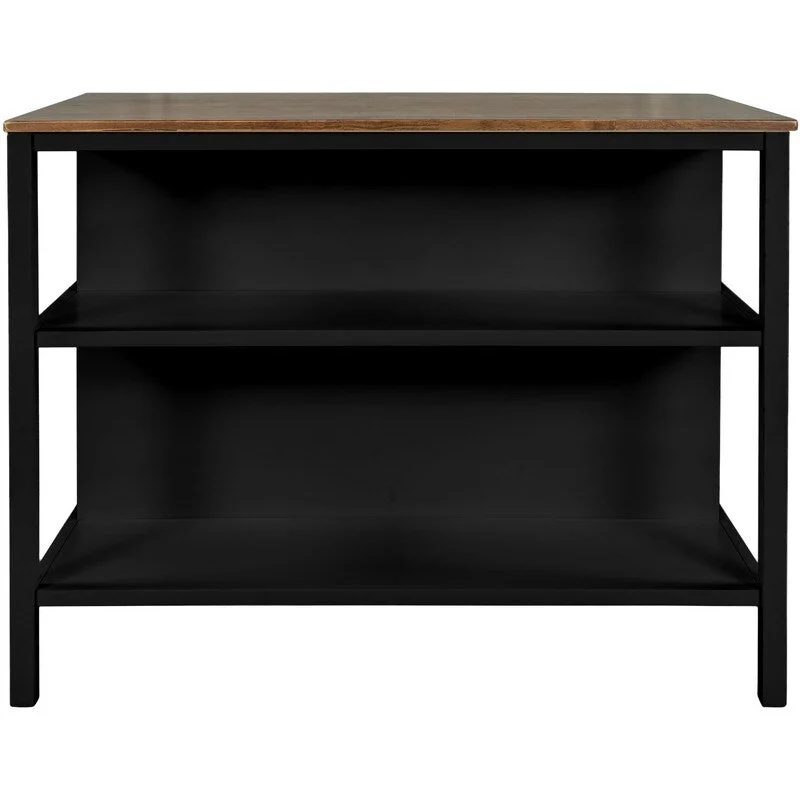 Rustic 3-Piece Solid Wood Kitchen Island Set  45 Stationary Butcher Block Table With Two Seating Stools & Dual Open Shelves.