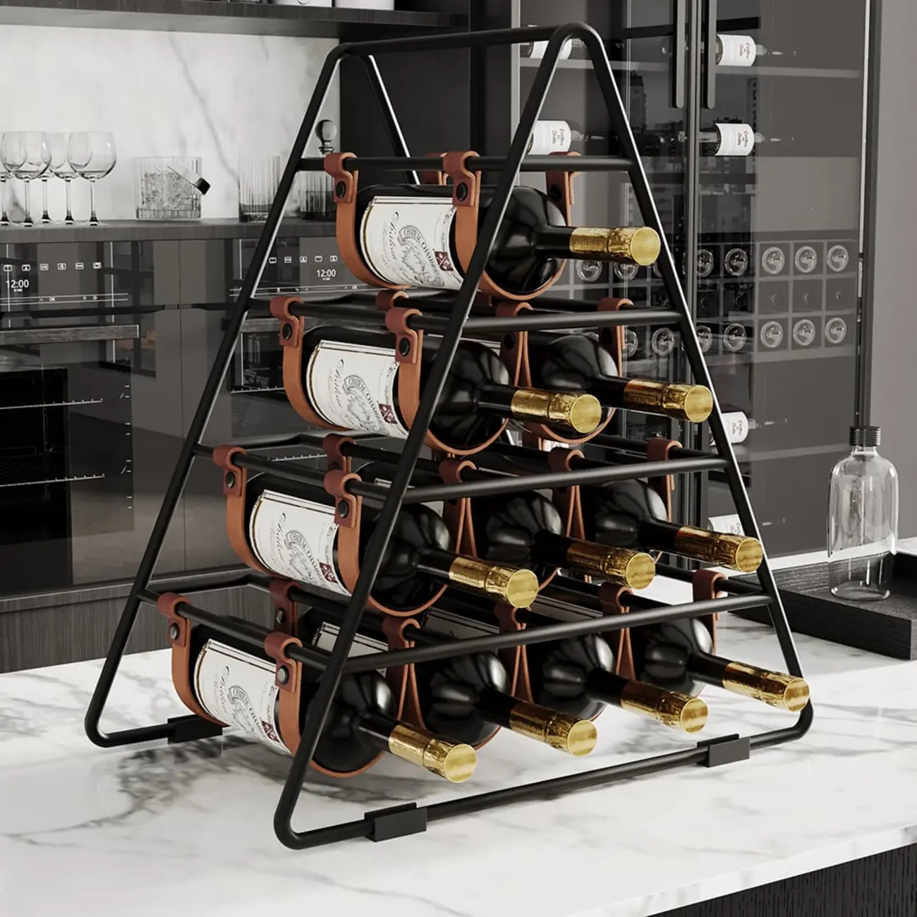 Industrial Black Metal Countertop Triangle 10 Bottles Wine Rack Holder