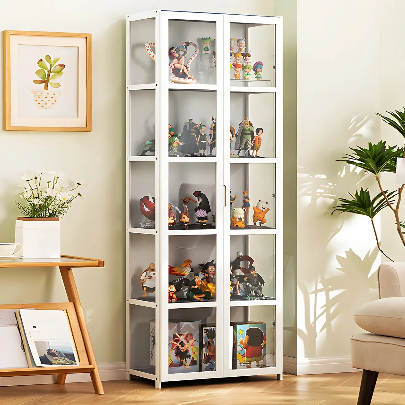 White Modern Bamboo Clear Figure Curio Cabinet