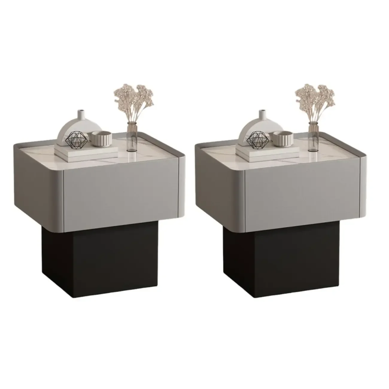 Modern Faux Leather Drawer Nightstand with Stone Top