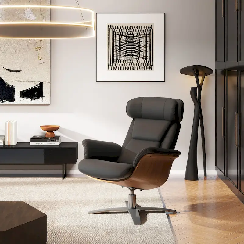 Jovan 31.5 Curved Wood Genuine Leather Recliner Lounge Chair