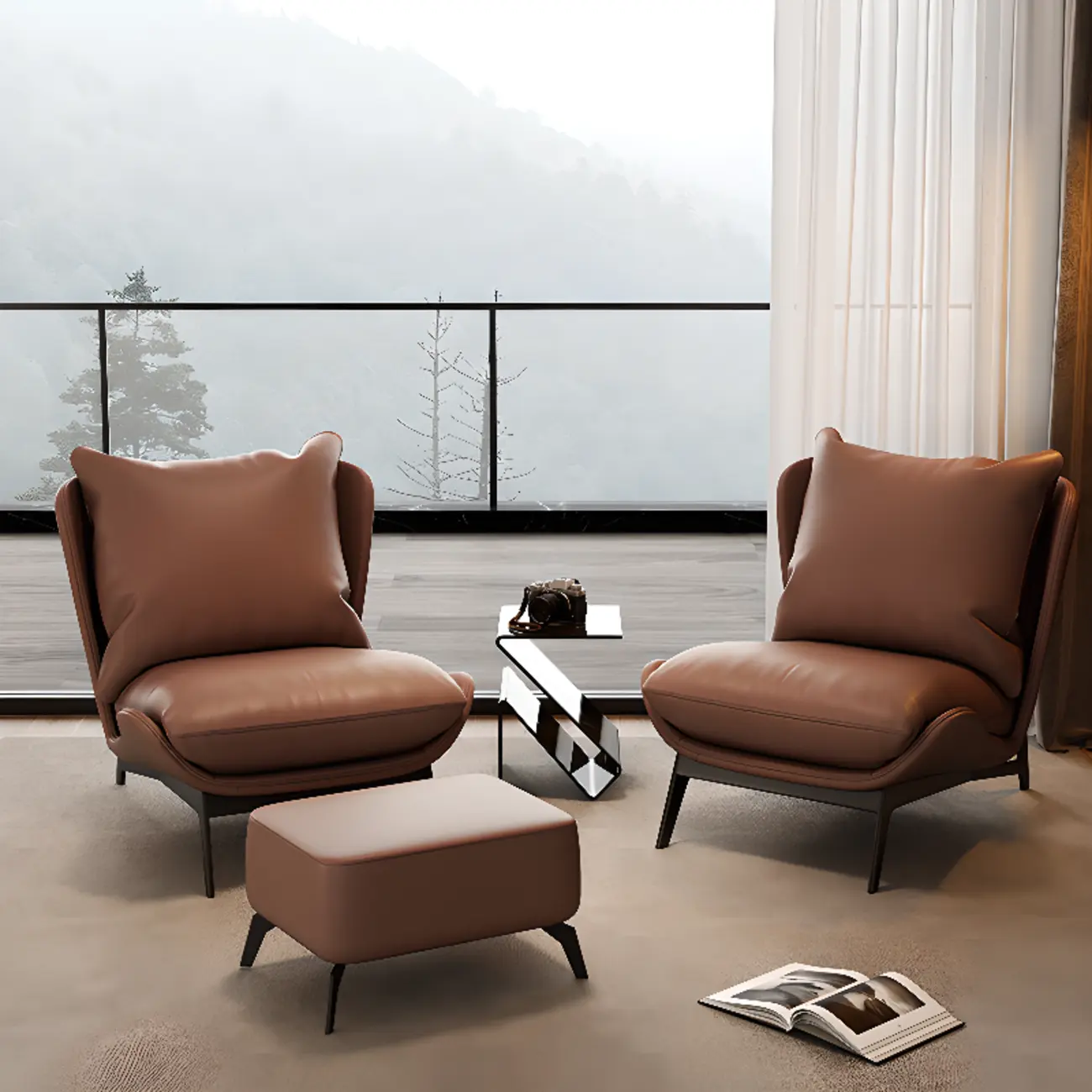 Modern Cat-Resistant Leather Accent Chair with Ottoman