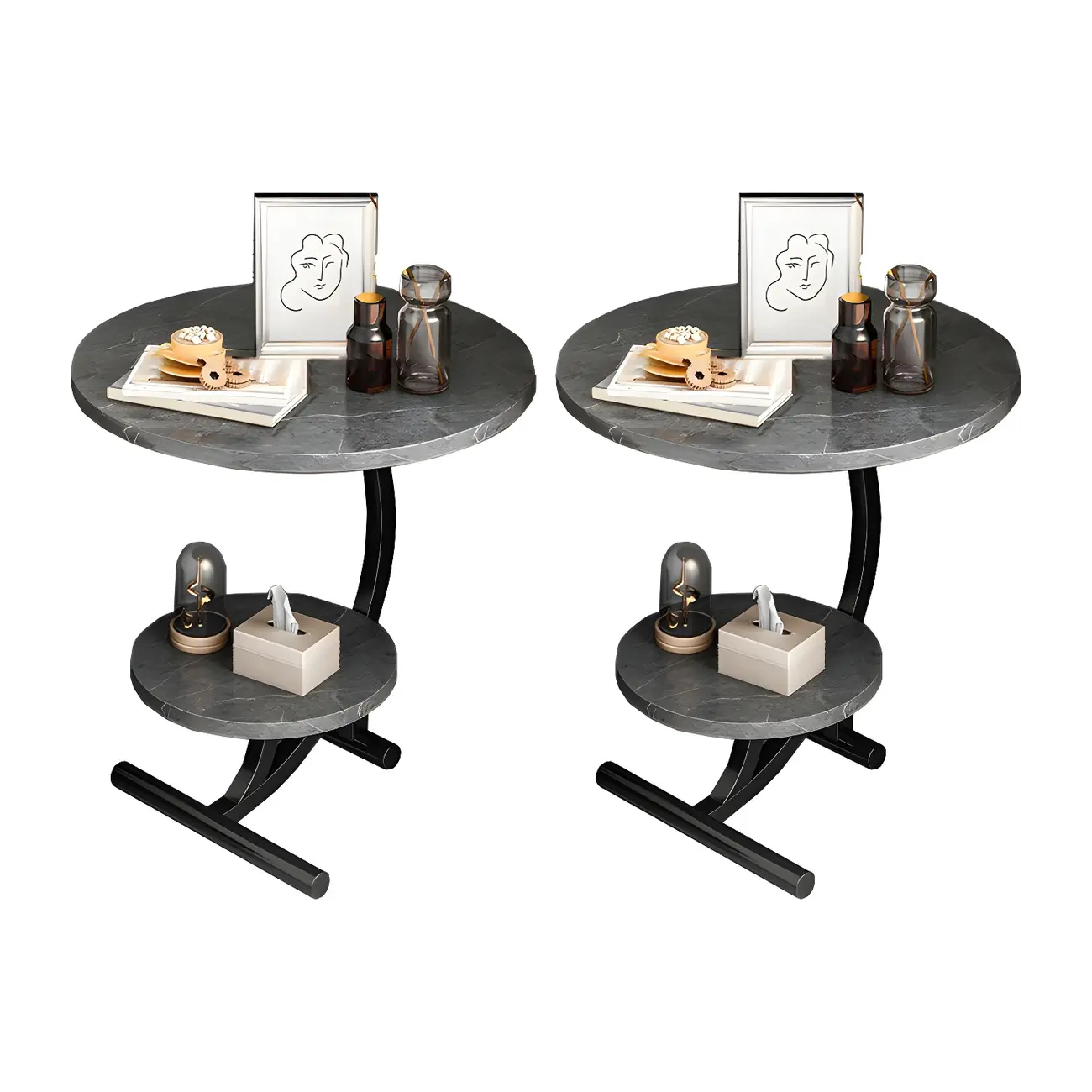Modern Metal Frame Elegant Round Double Layer Nightstands
