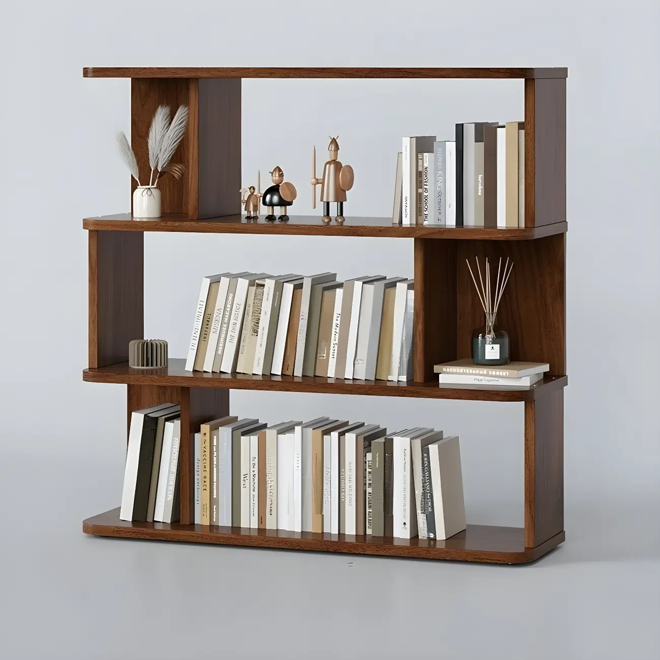 Tall Modern Walnut Open Back 6-Shelf Wood Bookcase