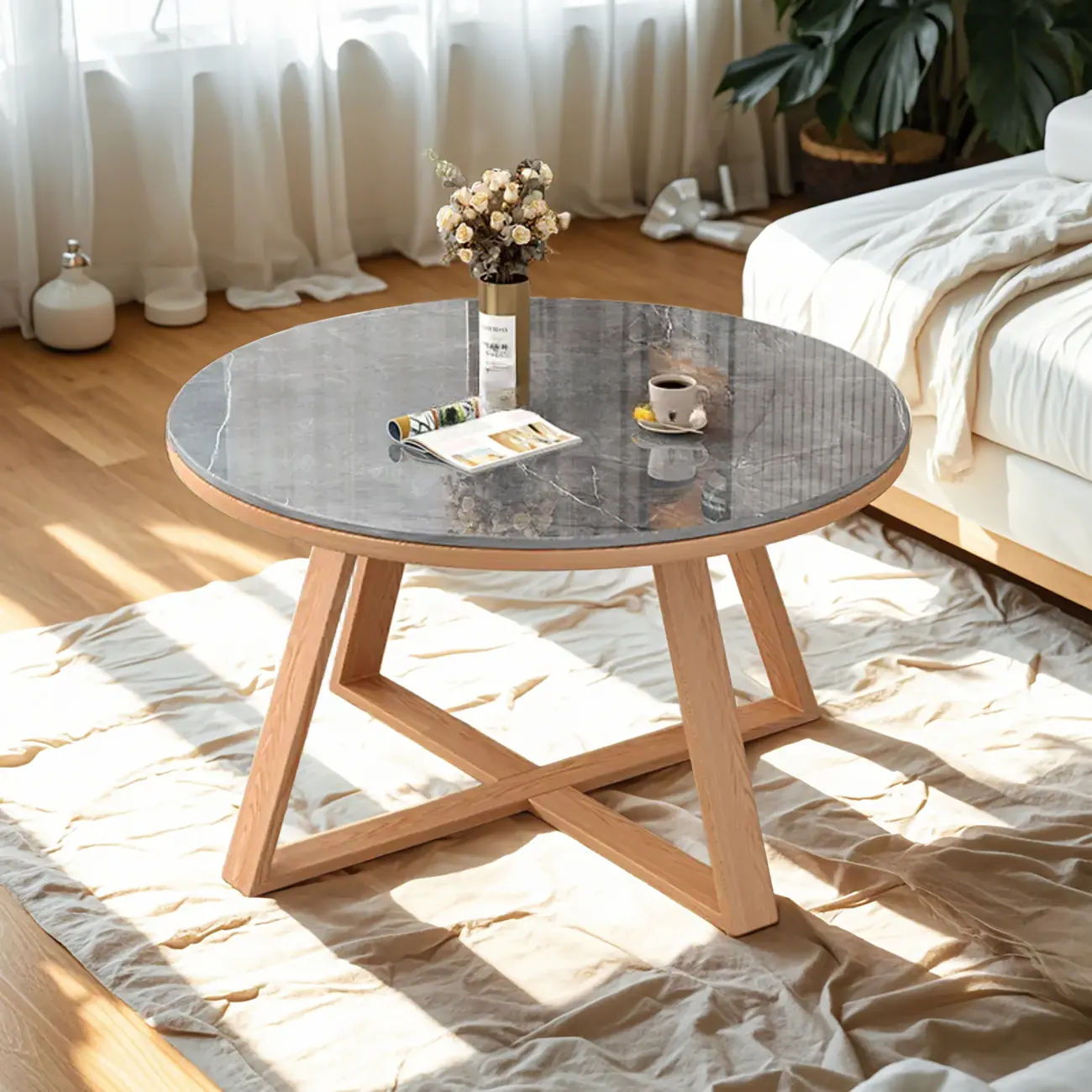 Modern Marble Round 2 Nesting Coffee Table Set with Wood Base