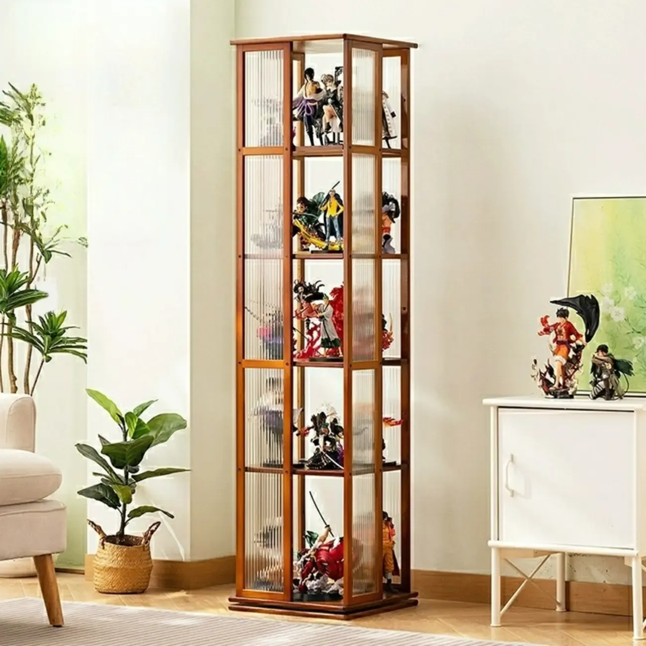 Modern Black Bamboo Tall Narrow Glass Open Display Cabinet