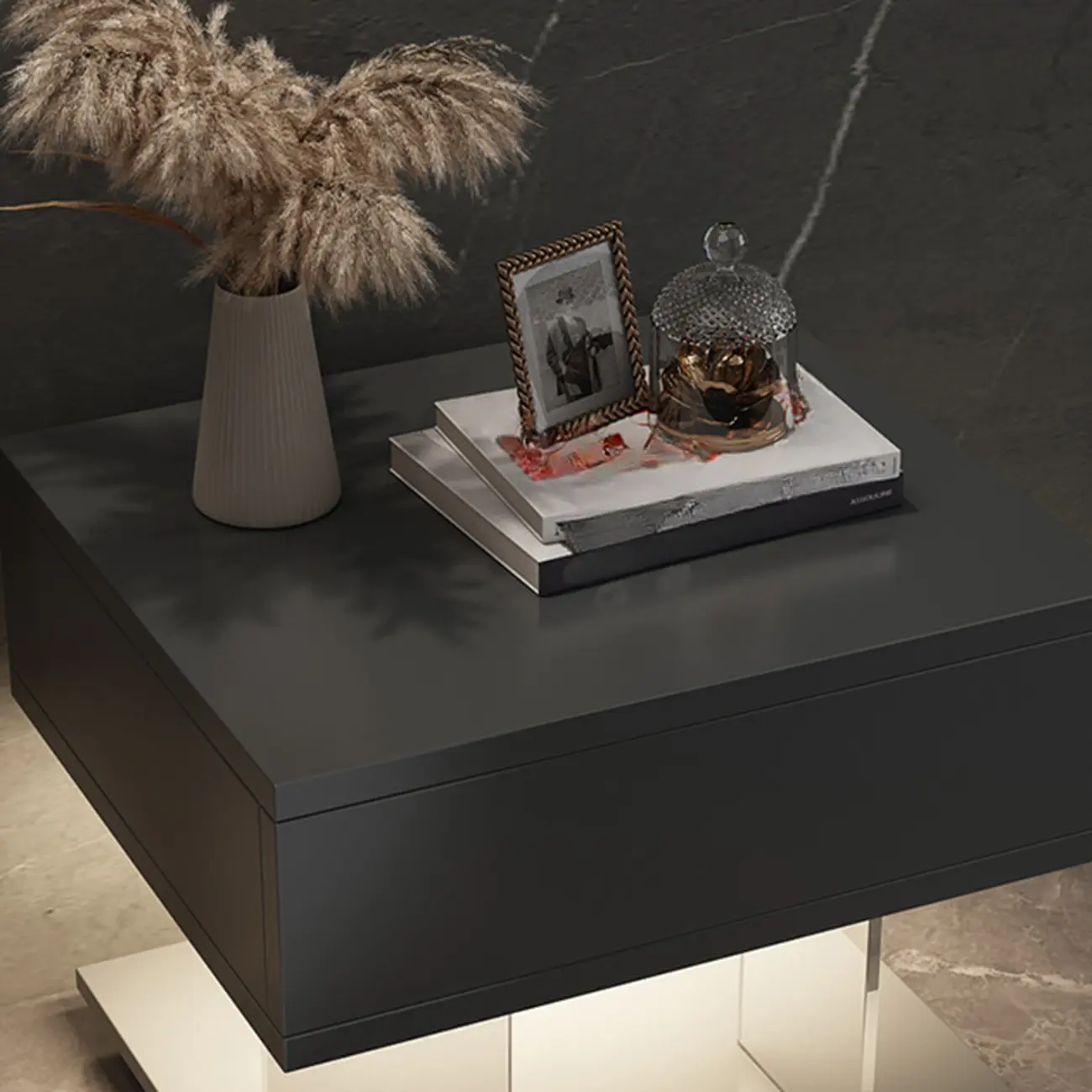 Modern Acrylic Wood Top 1 Drawer Nightstand with Light