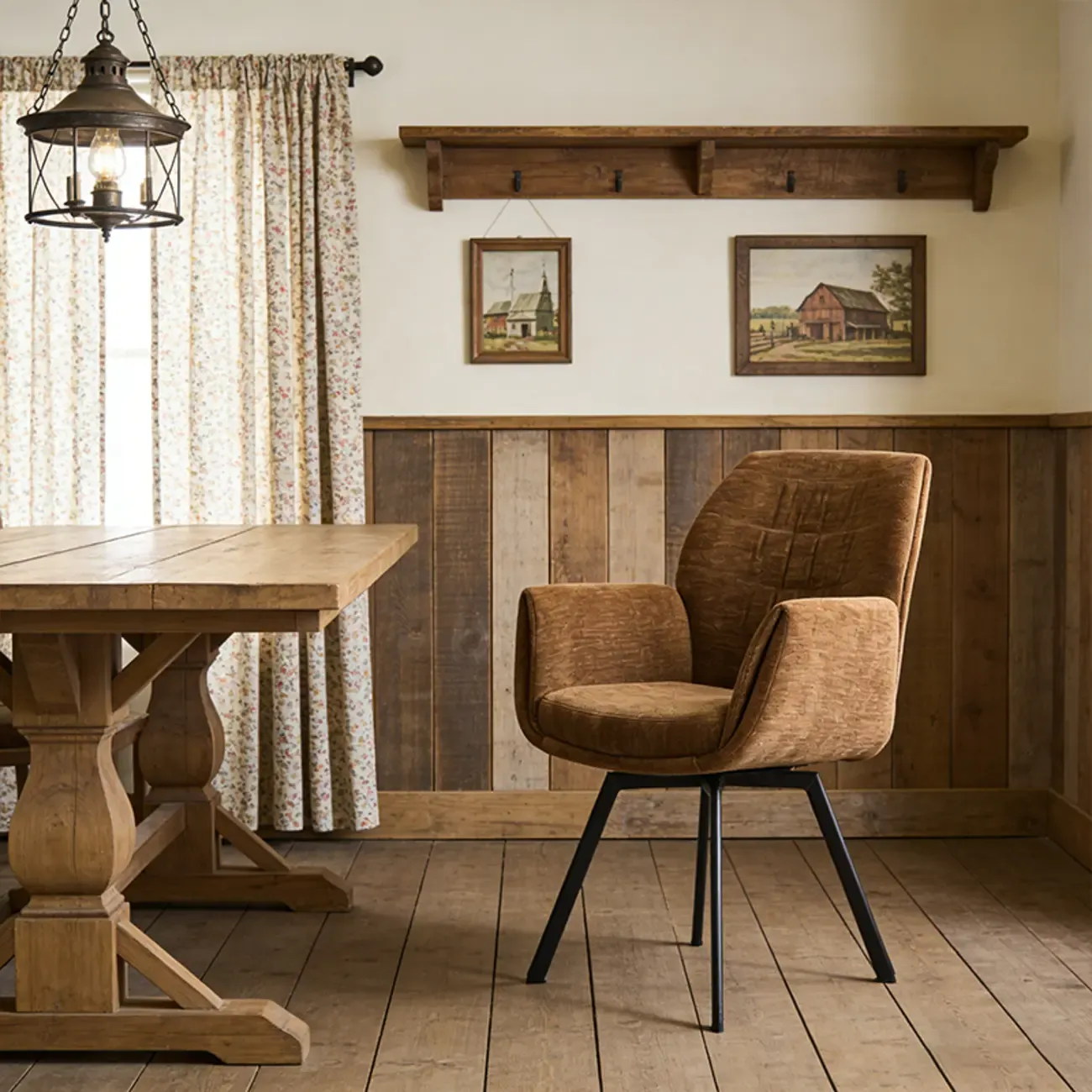 Brown Curved Back Chenille Arm Chair Dining Chairs