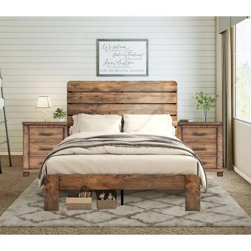 3-Pieces Bedroom Sets Wood Platform Bed Frame and Headboard,Solid Wood Nightstands Set of 2 with Three Drawer