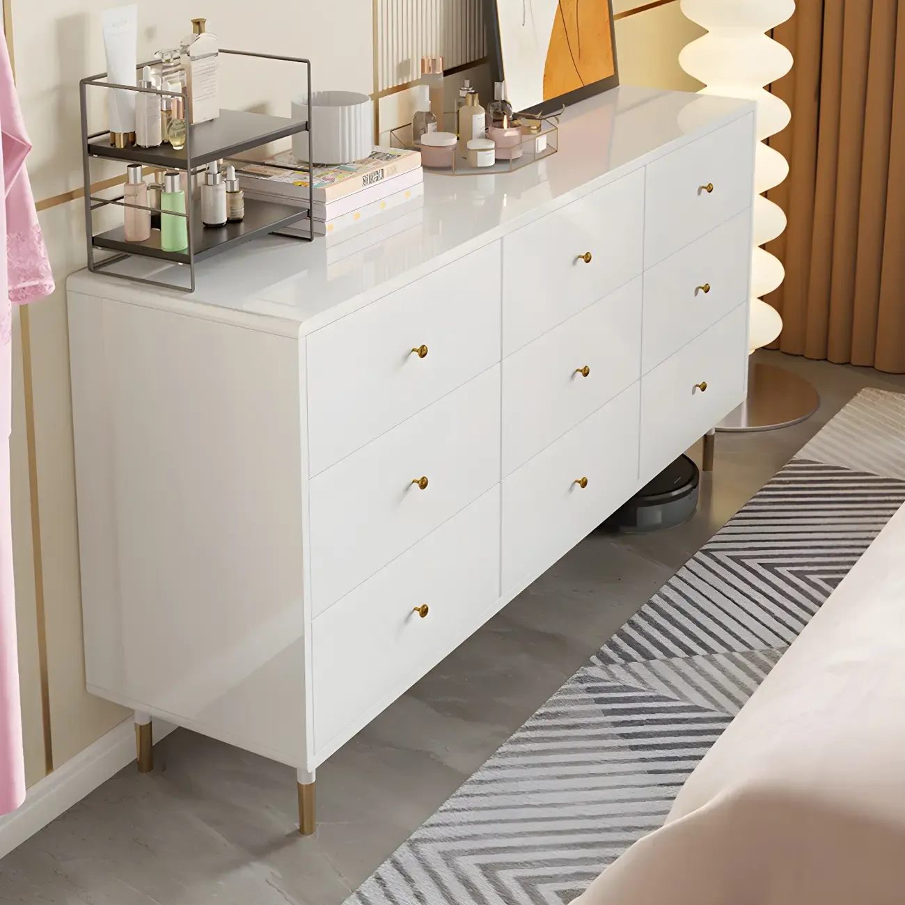 Modern Wooden White Dresser with Gold Handles