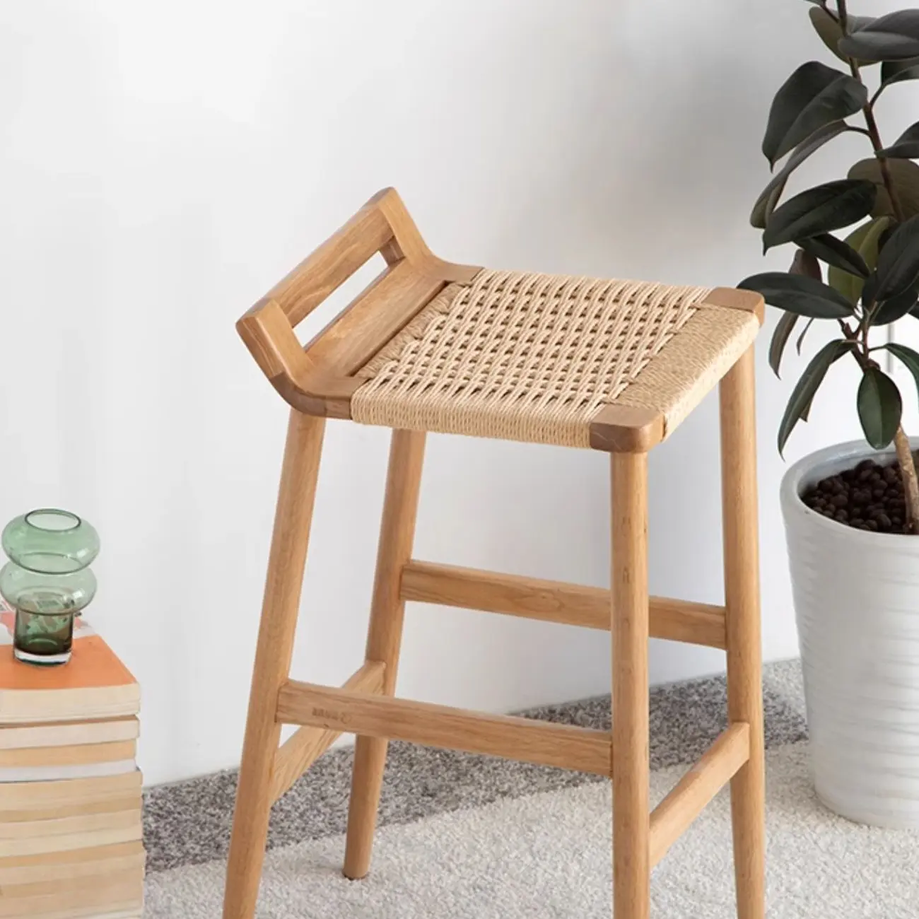 Natural Wood Backless Woven Seat Counter Height Bar Stool