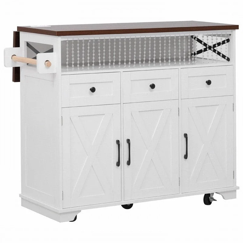 Farmhouse 46.5 Kitchen Island with Power Outlet, Rolling Kitchen Cart on Wheels with Drop Leaf