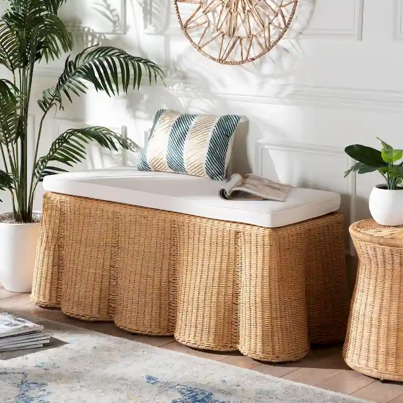 Palm Scallop Natural Rattan Ottoman with Cushion - Handwoven Wicker Bench for Living Room or Bedroom, Coastal Boho, Rectangle