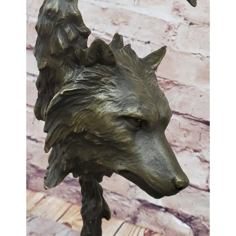 Howling Wolves Bronze Sculpture  Striking Dual Imitative Wolf Heads On Marble Base