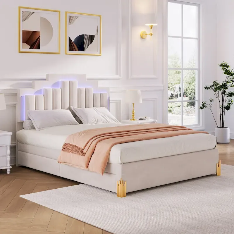 Queen Size Beige Upholstered Platform Bed with Lights and Drawers