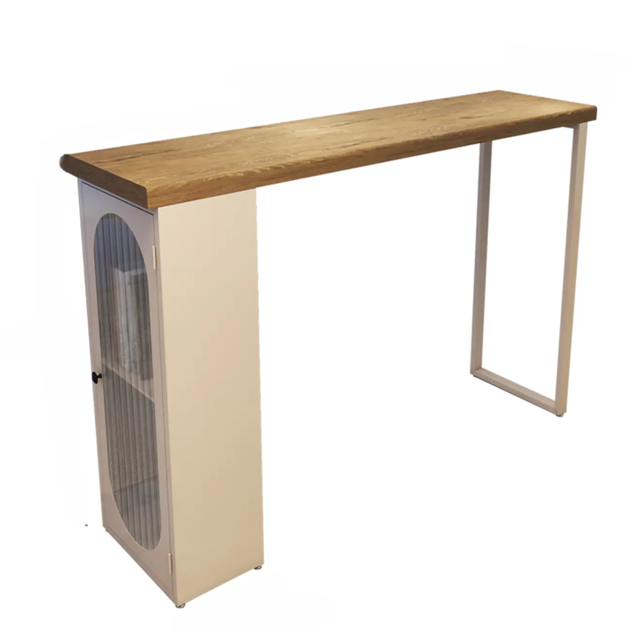 Modern Natural Wood Bar Table Metal Base with Side Cabinet