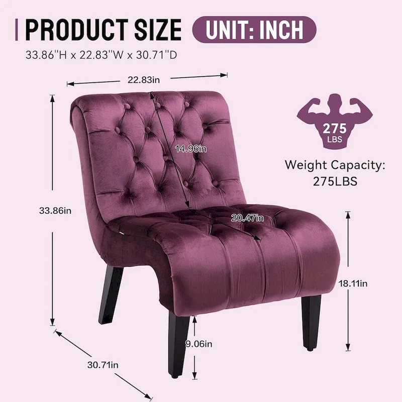 Velvet Armless Accent Chair, Button Tufted Slipper Chair, Side Chair, Lounge Chair