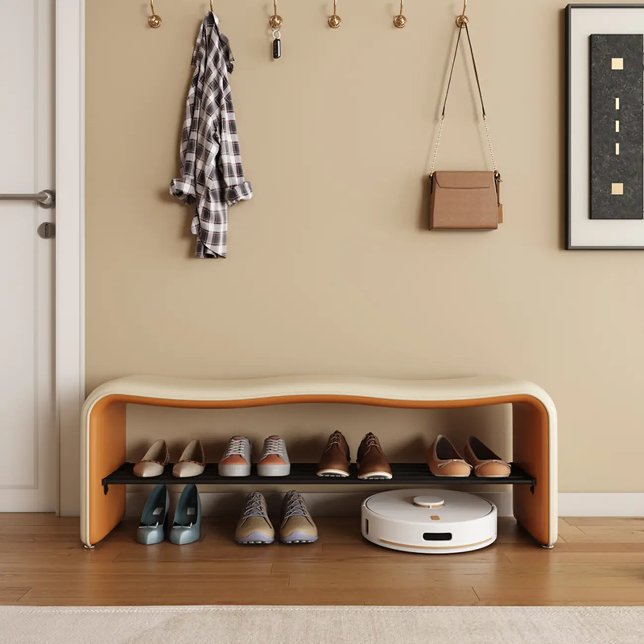 2-Seat Upholstered Metal Solid Color Storage Entryway Bench