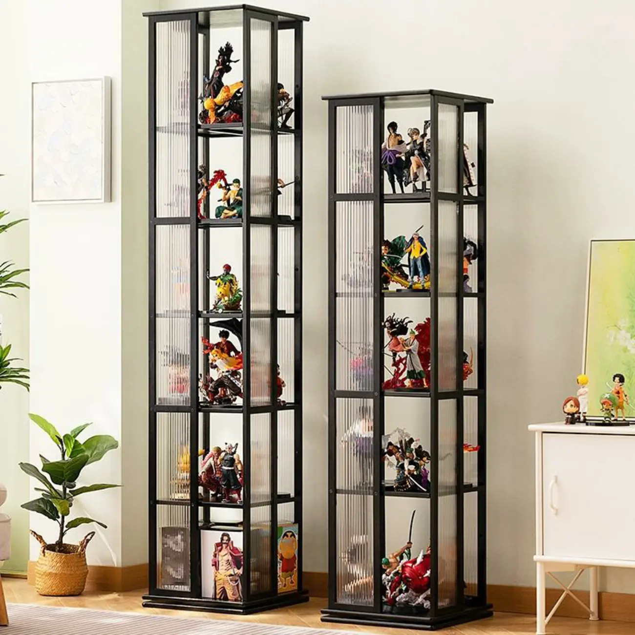 Modern Black Bamboo Tall Narrow Glass Open Display Cabinet
