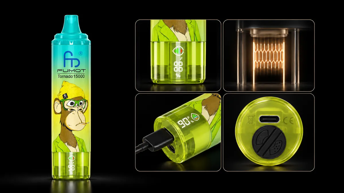 FUMOT Tornado 15000 Lemon & Lime – Detailansichten von Display, Heizsystem, USB-C-Anschluss und Luftregulierung