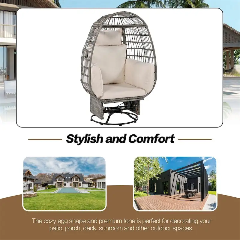 Rattan Egg Patio Swivel Chair with Cushions and Rocking Function