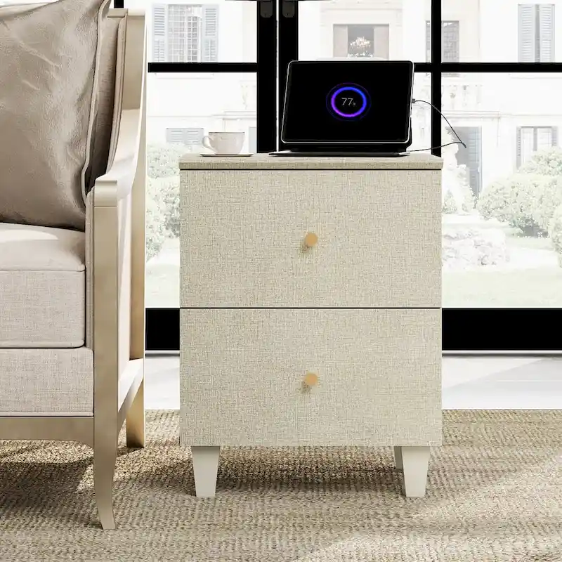 WAMPAT End Table with Charging Station and 2 Drawer for Living Room
