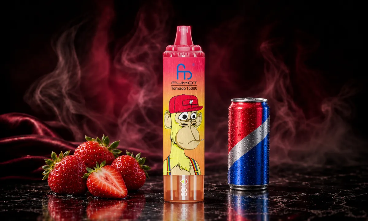 FUMOT Tornado 15000 Strawberry Red Bull – E-Zigarette in einer atmosphärischen Produktszene