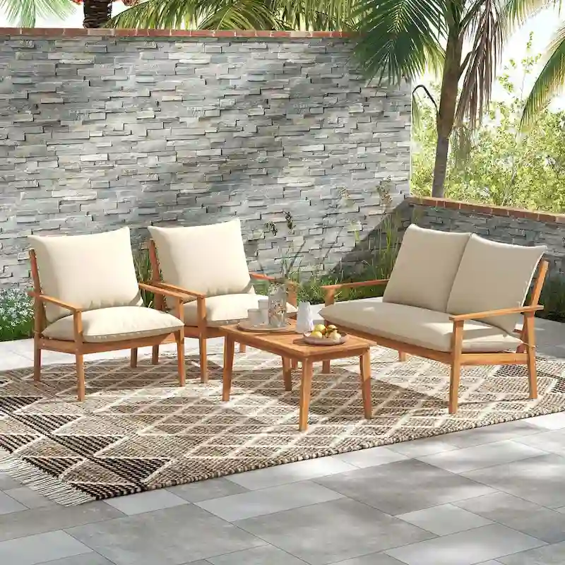 Costway 4 PCS Acacia Wood Patio Furniture Set with Soft Cushions and - See Details