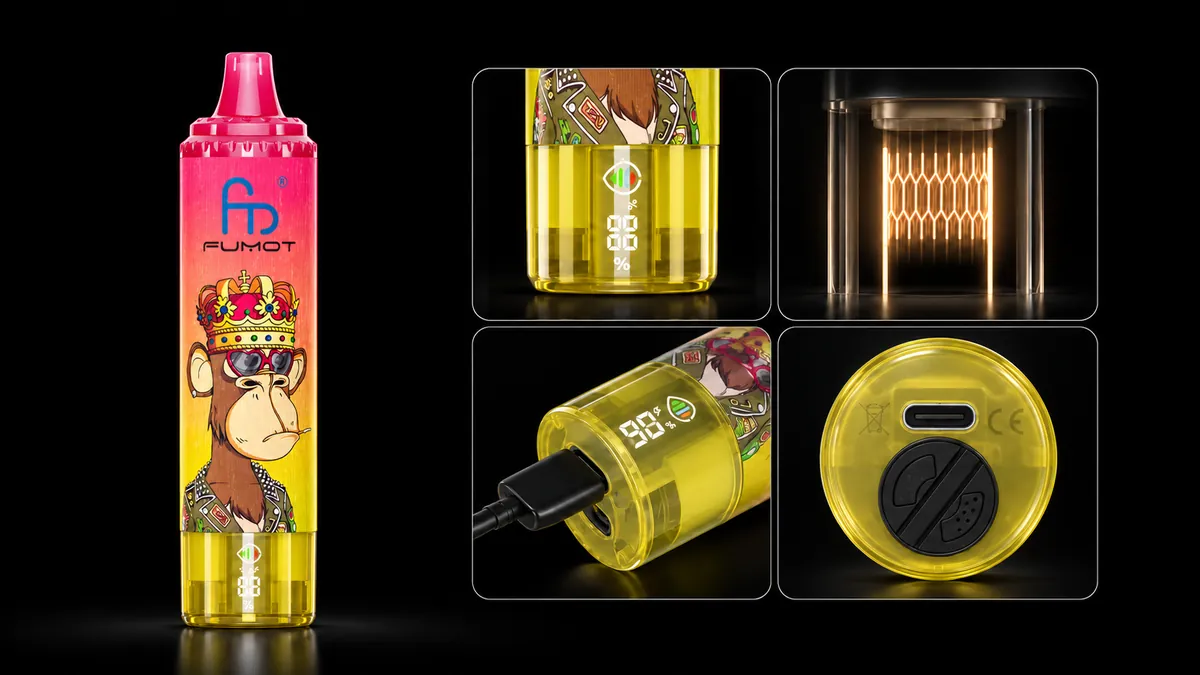 FUMOT Tornado 15000 Peach Ice – Detailansichten von Display, Heizsystem, USB-C-Anschluss und Luftregulierung