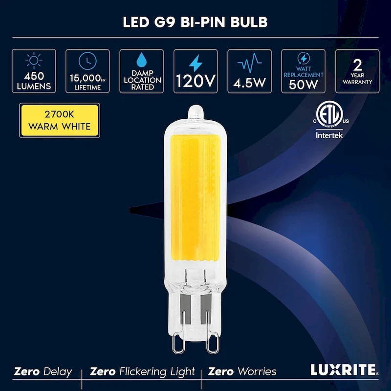 Luxrite G9 LED Bulb Dimmable 4.5W, 50 Watt Equivalent, 450LM, Glass G9 Bi Pin Base, ETL (10 Pack)