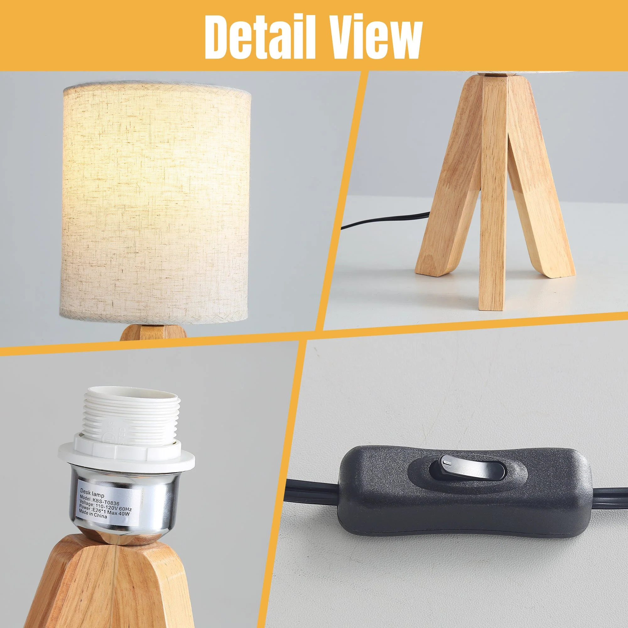 Modern Wooden Base Nightstand Table Lamp Set of 2