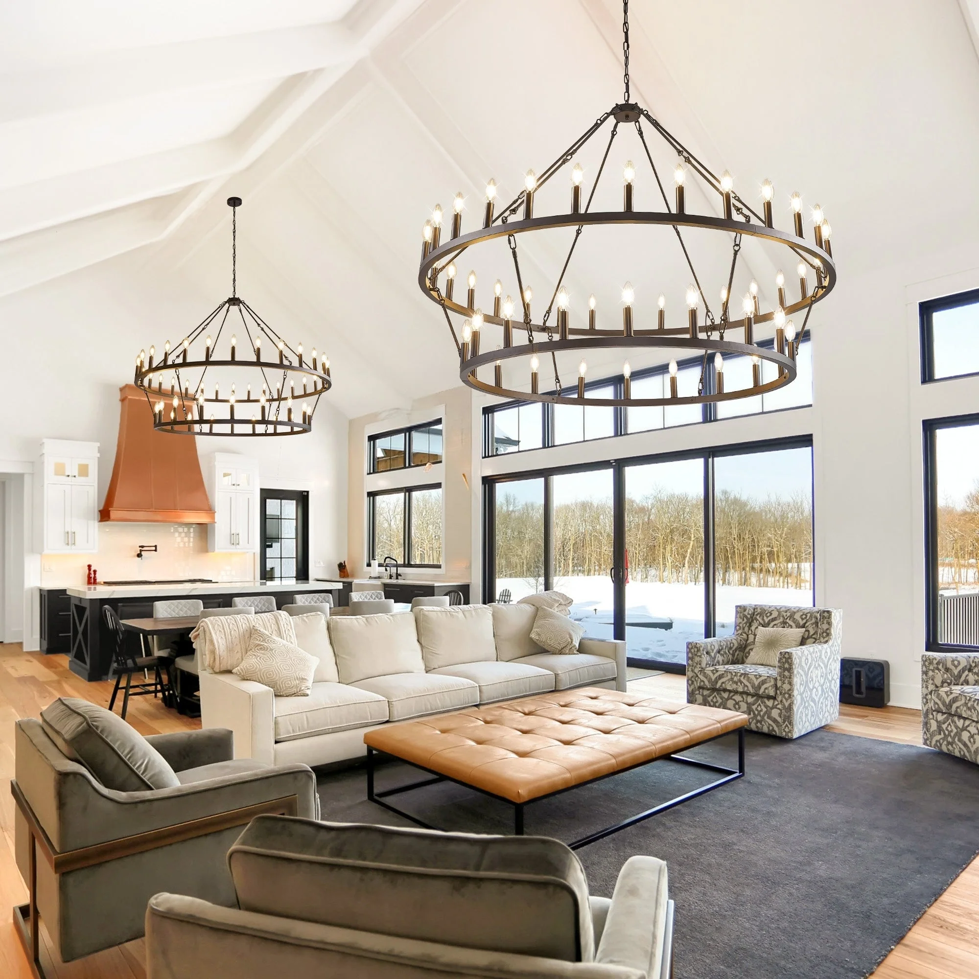 Modern Farmhouse Chandelier 2 Tier Round Wagon Wheel Chandelier Large High Ceiling Light.