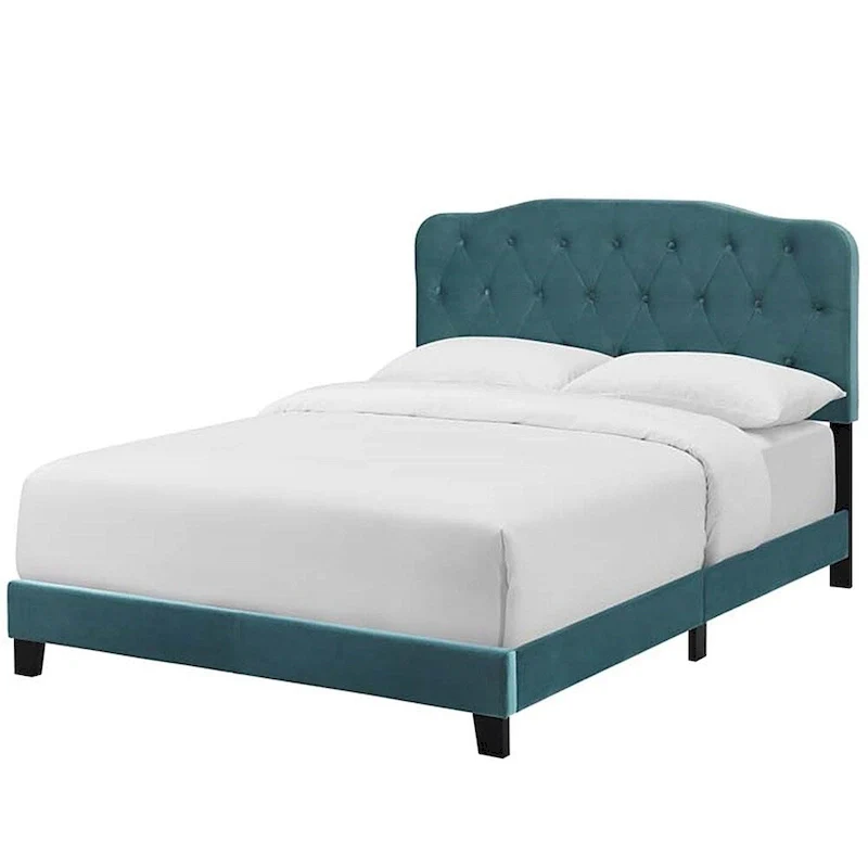 Dayton Queen Size Teal Velvet Platform Bed with Button Tufted Headboard