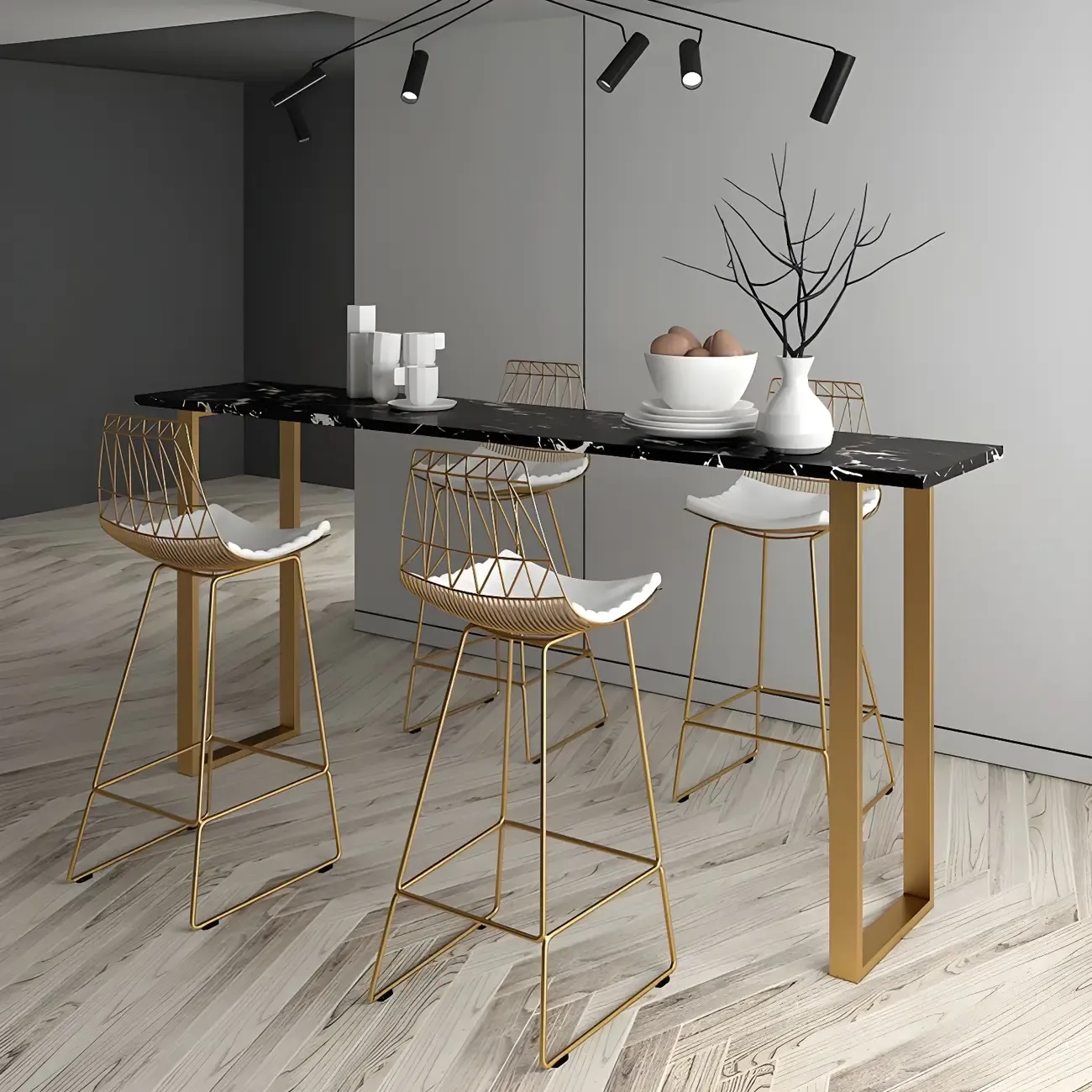 Black Rectangle Marble Tall Bar Table Gold Base