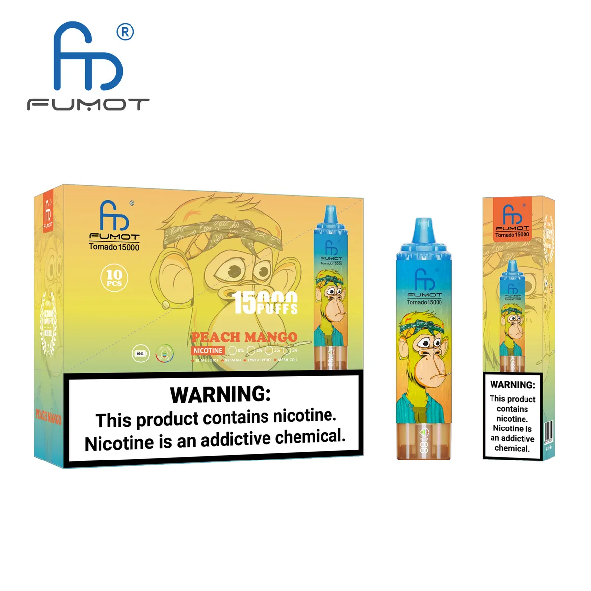 Fumot Tornado 15000 Peach Mango – 10er-Displaybox mit Einweg-Vape und Einzelpackung