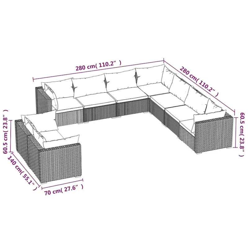 vidaXL Patio Lounge Set with Cushions Brown Poly Rattan - 27.6  x 27.6  x 24  - 27.6  x 27.6  x 24