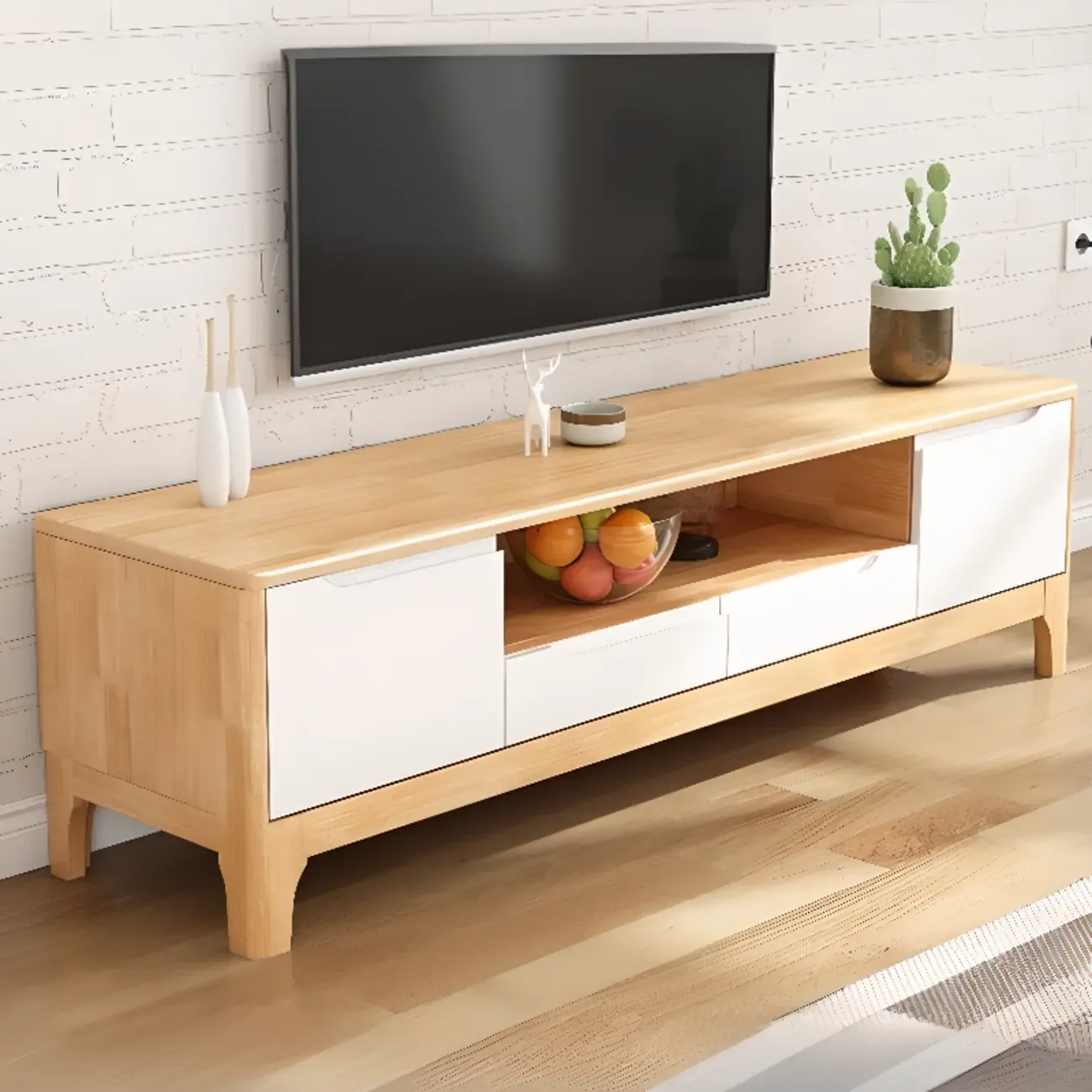 Durable Natural Wooden TV Stand with Cable Management