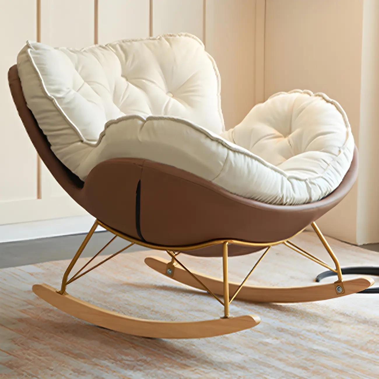 Creamy Upholstered Rocking Chair with Ottoman for Living Room