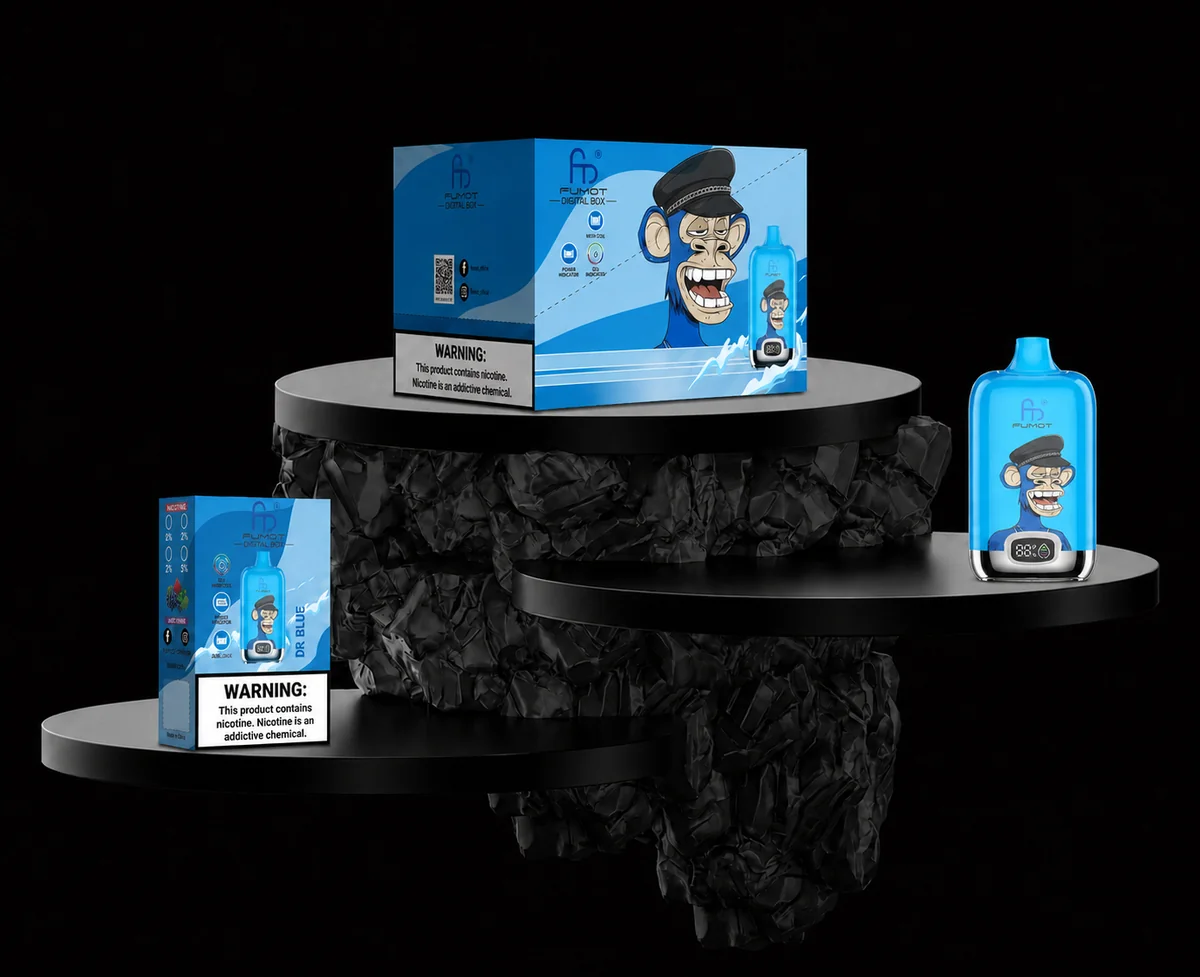 Fumot Digital Box 12000 Dr Blue Einzelgerät, Retail-Box und Display-Box im blauen Dr-Blue-Design