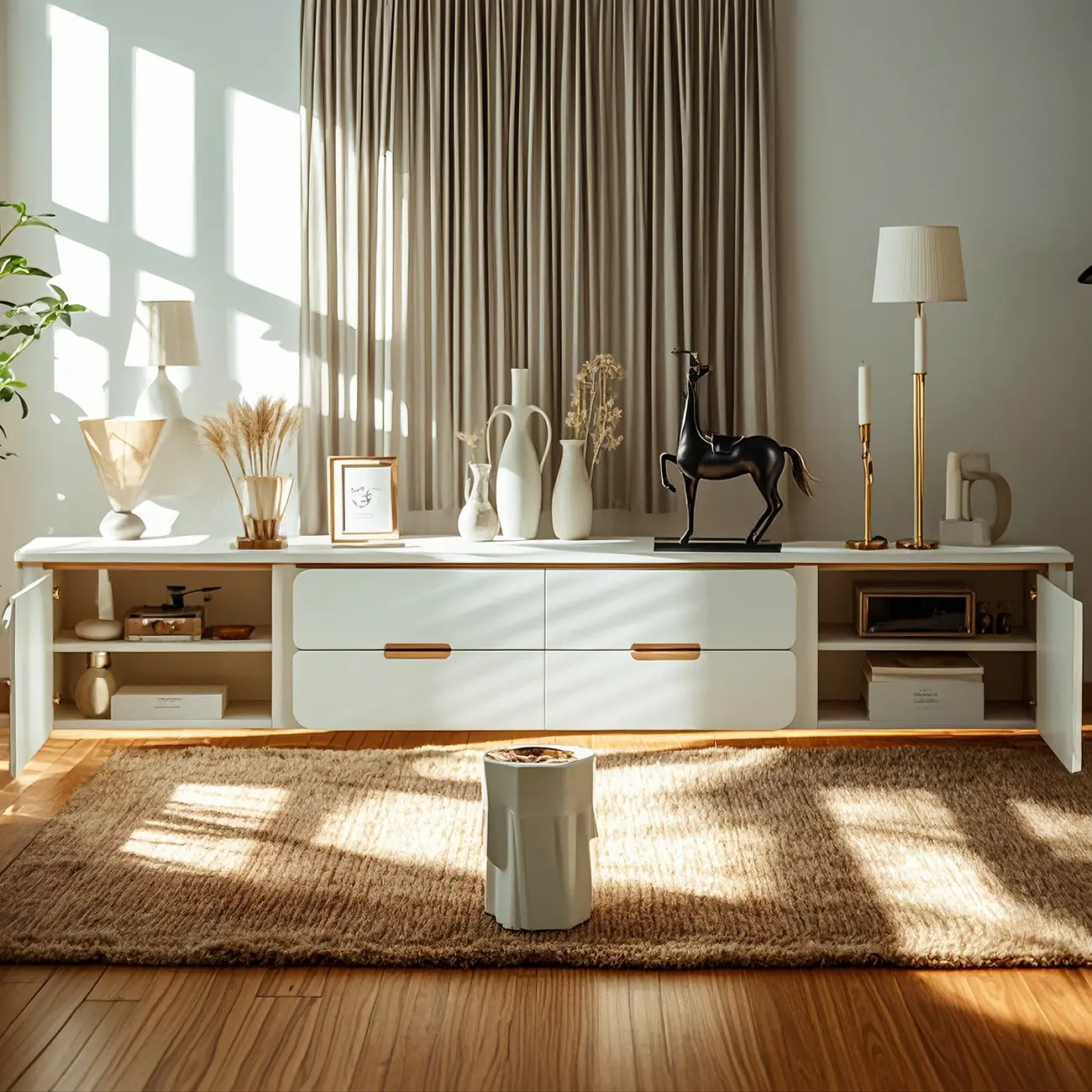 Elegant White Stone TV Cabinet with Cable Management