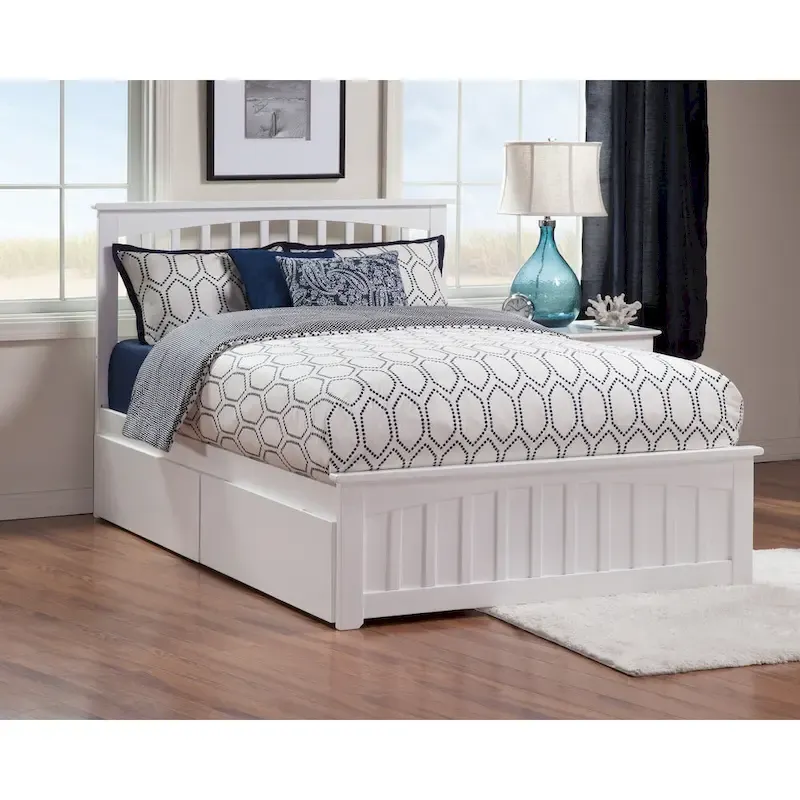 Mission Queen Platform Bed with Matching Foot Board with 2 Urban Bed Drawers in White