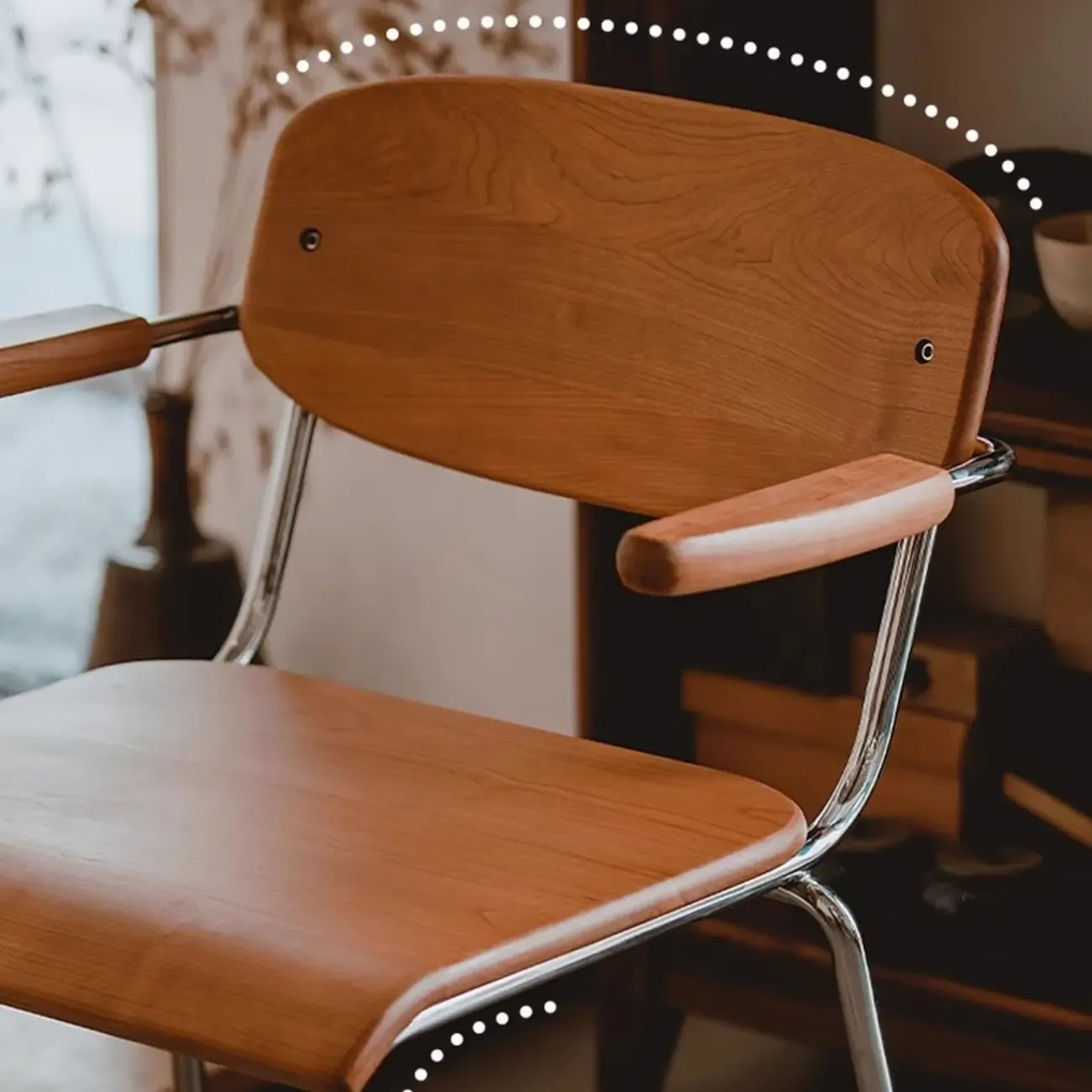 Retro Wooden Dining Chair with Armrests & Chrome Frame